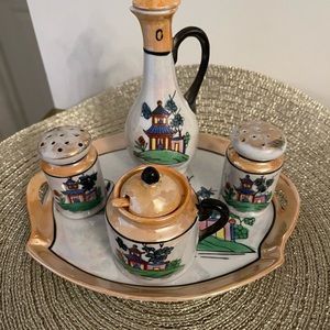 VINTAGE RARE JAPAN BLUE WILLOW CONDIMENT SET